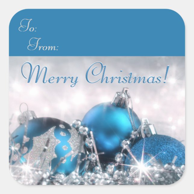 Blau und Silber frohe Weihnachten Quadratischer Aufkleber (Vorderseite)