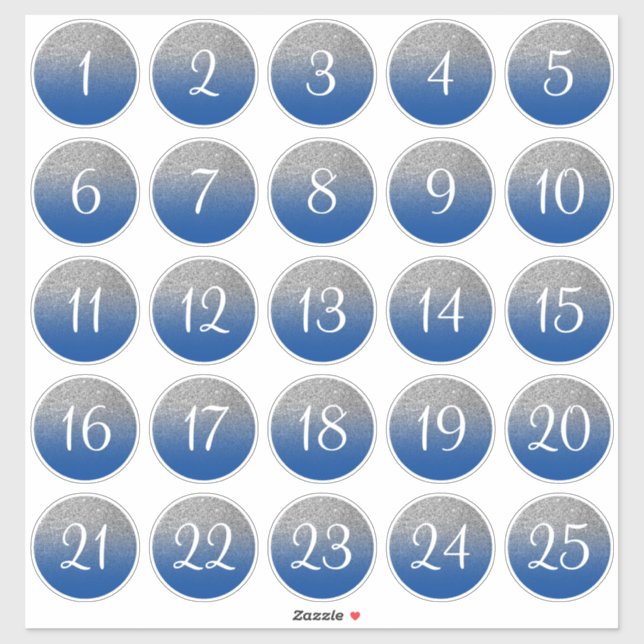 Blau und Silber Glitzer Ombre 25 Numbered Circles Aufkleber (Blatt)