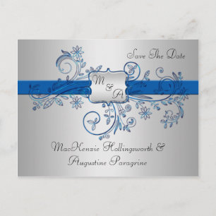 Blau-und Silber-Monogramm-Wirbel mit Blumenmuster  Ankündigungspostkarte