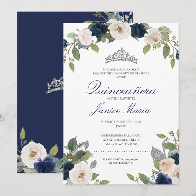 Blau und Silber Tiara Floral Elegant Quinceañera Einladung (Vorne/Hinten)