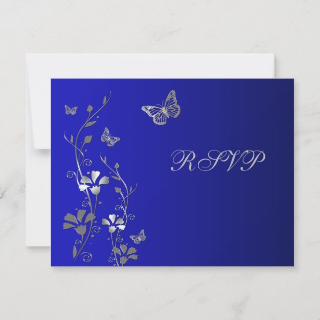 Blau- und Silberblume mit Schmetterlingskarte RSVP Karte (Vorderseite)