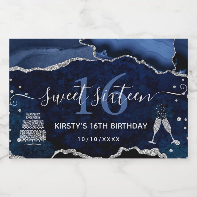Blau und Silberner Glitzer Agate Marble Sweet 16 (Einzelnes Label)