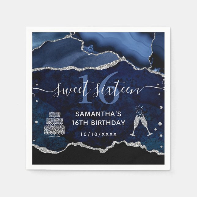 Blau und Silberner Glitzer Agate Marble Sweet 16 Serviette (Vorderseite)