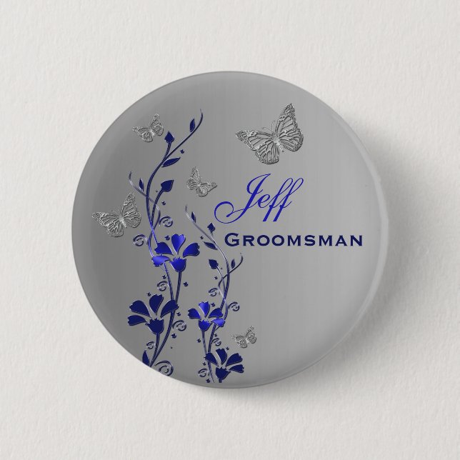 Blau und Silberschmetterling Trauzeuge Button (Vorderseite)
