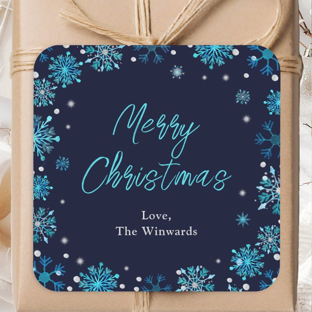 Blau und Silberschneeflocken Frohe Weihnachten Quadratischer Aufkleber (Von Creator hochgeladen)