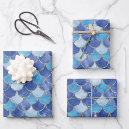 Blau und Silver Mermaid Scales Geschenkpapier Set