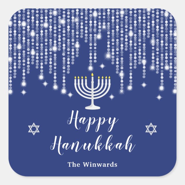Blau und Silver String Lights Happy Hanukkah Quadratischer Aufkleber (Vorderseite)
