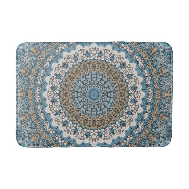 Blau und Tan Mandala Intricate Geometrisches Muste Badematte (Vorderseite)