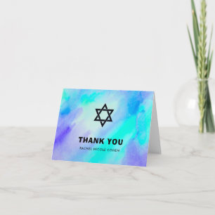 Blau-und Türkis-Aquarell-Schläger Mitzvah Dankeskarte