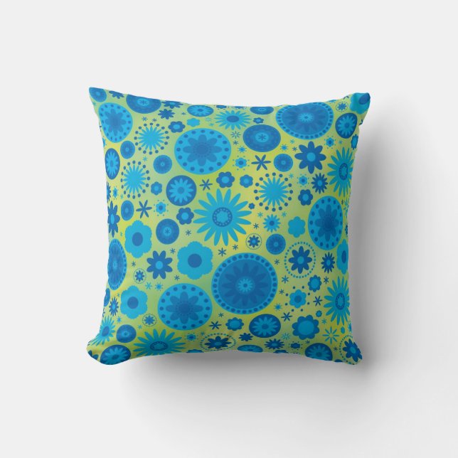 Blau-und Türkis-Hippy Blumen-Muster Kissen (Vorderseite)