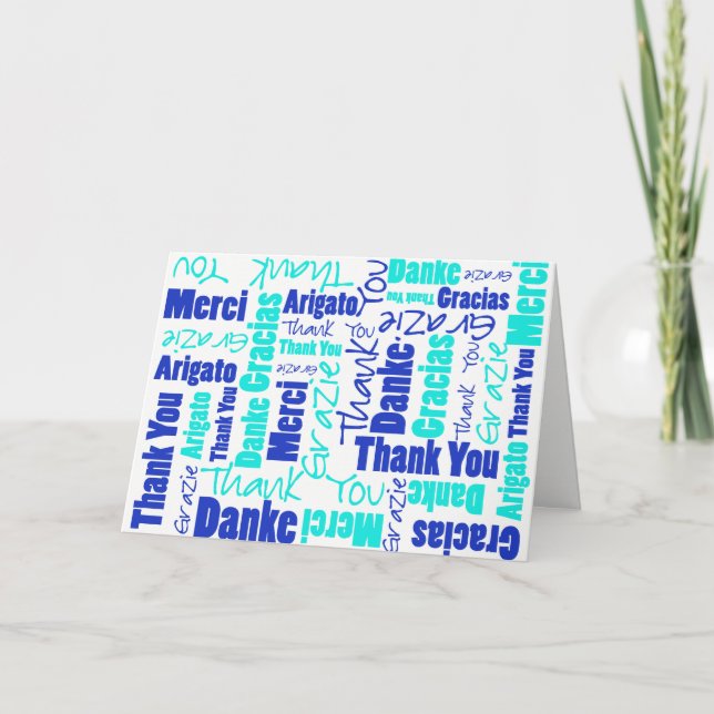 Blau und Türkis Mehrsprachig Vielen Dank Dankeskarte (Vorderseite)