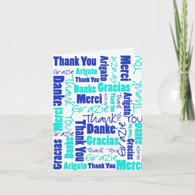 Blau und Türkis Mehrsprachig Vielen Dank Dankeskarte (Vorderseite)