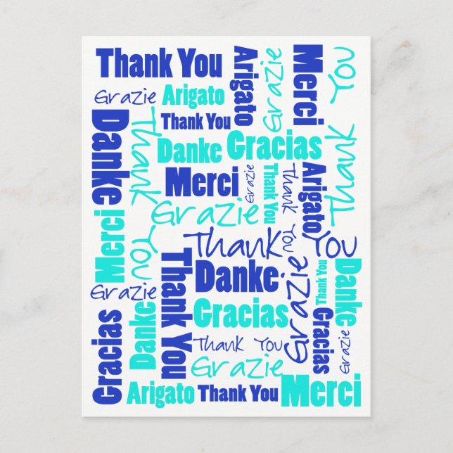 Blau und Türkis Mehrsprachig Vielen Dank Postkarte (Vorderseite)