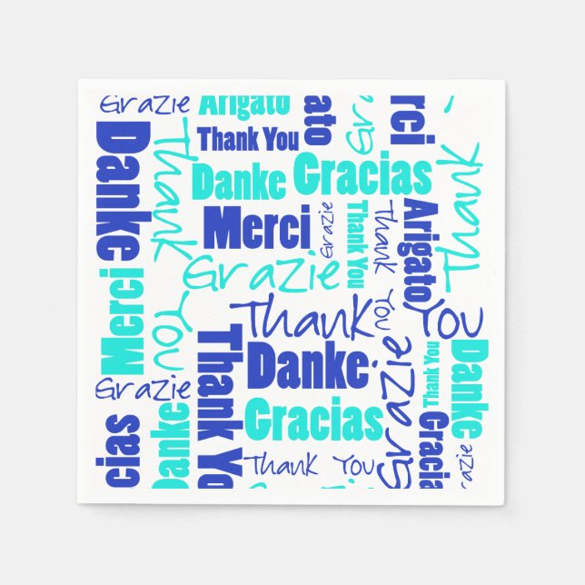 Blau und Türkis Mehrsprachig Vielen Dank Serviette (Vorderseite)