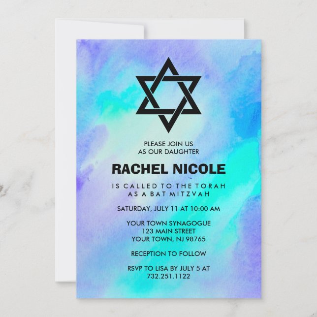 Blau und türkisfarbenes Wasser Bat Mitzvah Einladung (Vorderseite)