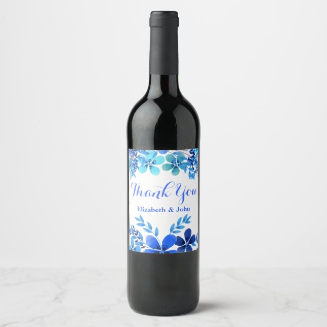 Blau und Wasser Wasserfarben | Danke Hochzeit Weinetikett (Vorderseite)