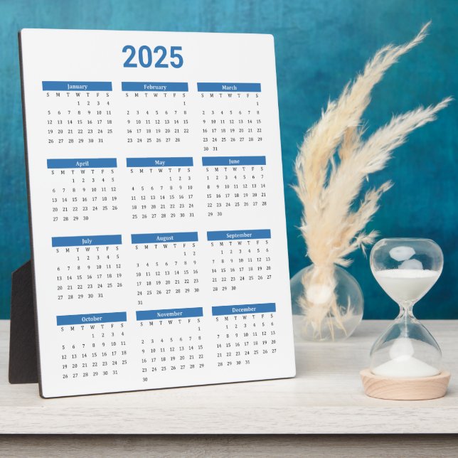 Blau und Weiß 2025 Jahr auf einen Blick Fotoplatte (Seite)