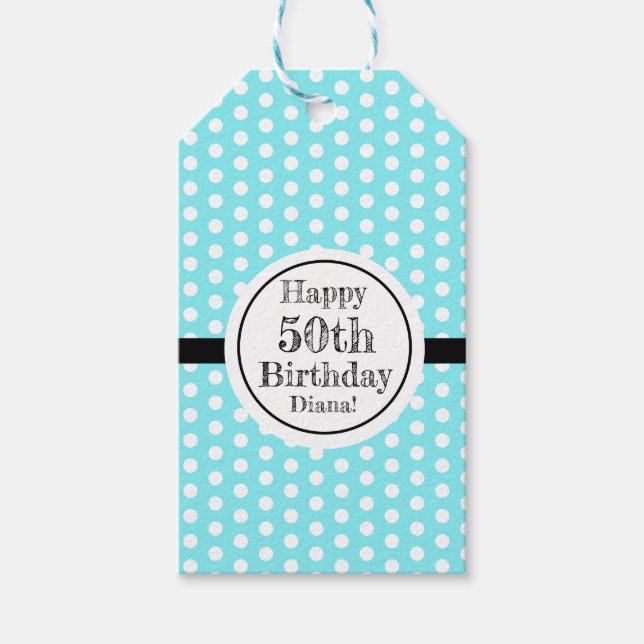 Blau und weiß 50. Geburtstag Polka Dots Geschenkanhänger (Vorderseite)