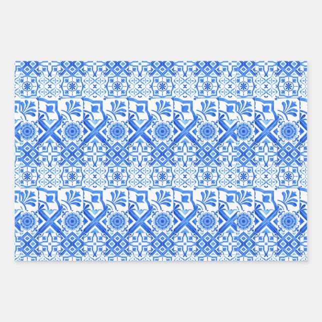 Blau und Weiß Azulejo Spanisch Azul Muster Wrappi Geschenkpapier Set (Vorderseite)