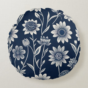 Blau und Weiß - Blockdruckweise im Boho-Blumenform Rundes Kissen