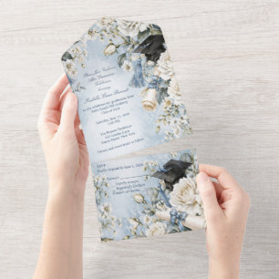 Blau und Weiß Blumen Einteiler Abschluss- All In One Einladung