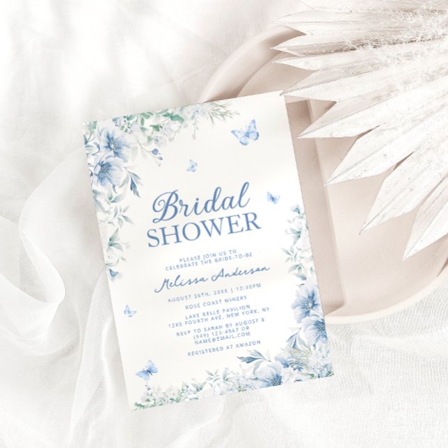 Blau und Weiß Blumen Elegantes Brautparty Einladung (Von Creator hochgeladen)