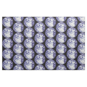 Blau und Weiß Bunny Rabbit Medallion Fabric Black Stoff