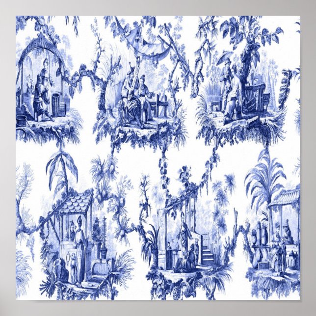 Blau und Weiß Chinoiserie Chinesisch Oriental Poster (Vorne)