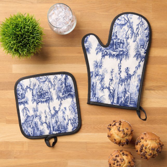 Blau und Weiß Chinoiserie Ofenhandschuh & Topflappen-Set (Oben Unten)