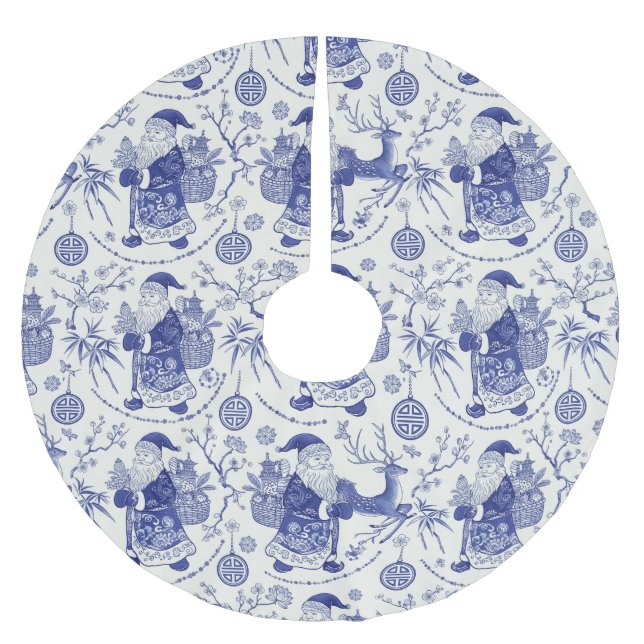 Blau und Weiß Chinoiserie Weihnachten Polyester Weihnachtsbaumdecke (Vorderseite)