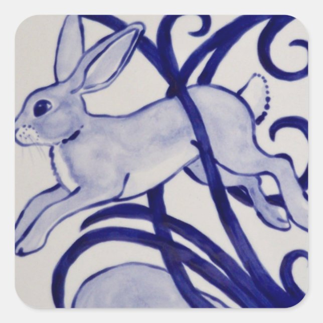 Blau und Weiß Deco Rabbit Tile Geschenkverpackung Quadratischer Aufkleber (Vorderseite)