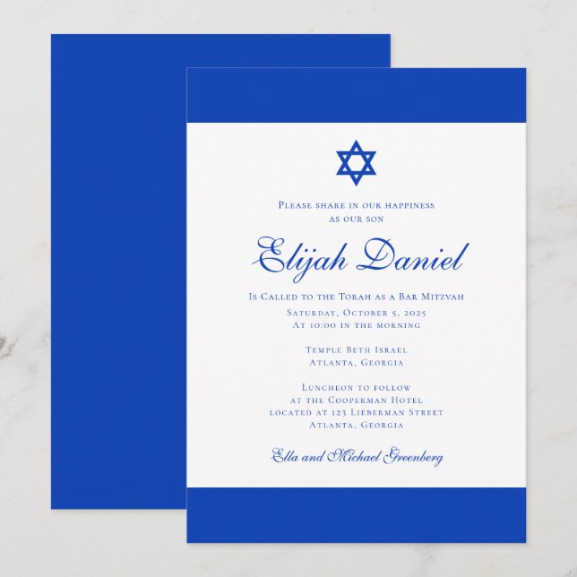 Blau und Weiß| Farben Israels Bar Mitzvah Einladung (Vorne/Hinten)