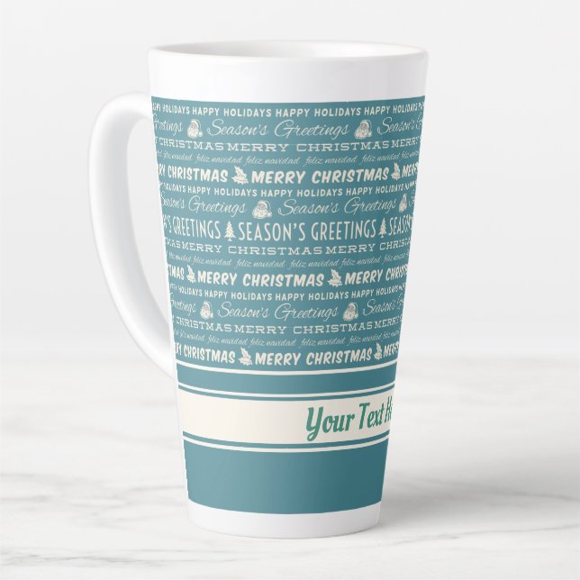 Blau und Weiß frohe Weihnachts Retro Typografie Milchtasse (Linke Ecke)