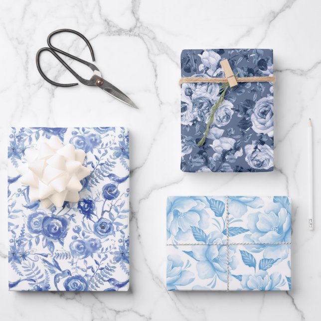 Blau und Weiß Geschenkpapier Set (Vorderseite)
