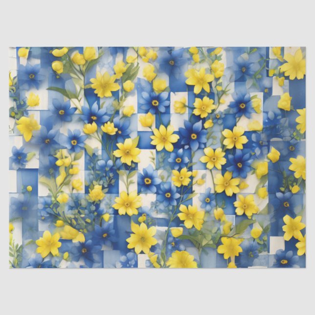 Blau und Weiß Gingham mit blauer und gelber Blume Seidenpapier (Vorderseite)
