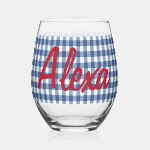 Blau und Weiß Gingham mit Namen Weinglas Ohne Stiel