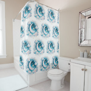 Blau und Weiß Halbmond Celestial Boho Moderne Duschvorhang