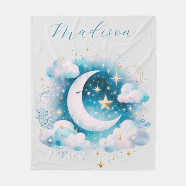 Blau und Weiß Halbmond Celestial Boho Moderne Fleecedecke (Vorderseite)