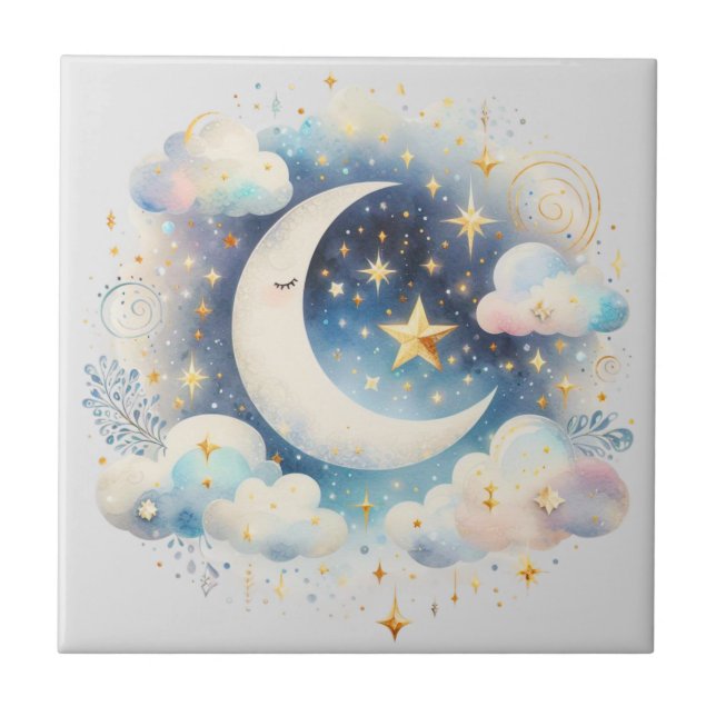 Blau und Weiß Halbmond Celestial Boho Moderne Fliese (Vorderseite)
