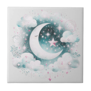 Blau und Weiß Halbmond Celestial Boho Moderne Fliese