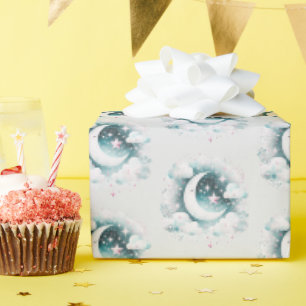 Blau und Weiß Halbmond Celestial Boho Moderne Geschenkpapier