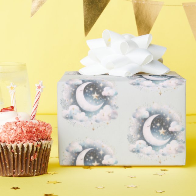 Blau und Weiß Halbmond Celestial Boho Moderne Geschenkpapier (Geburtstagsparty)