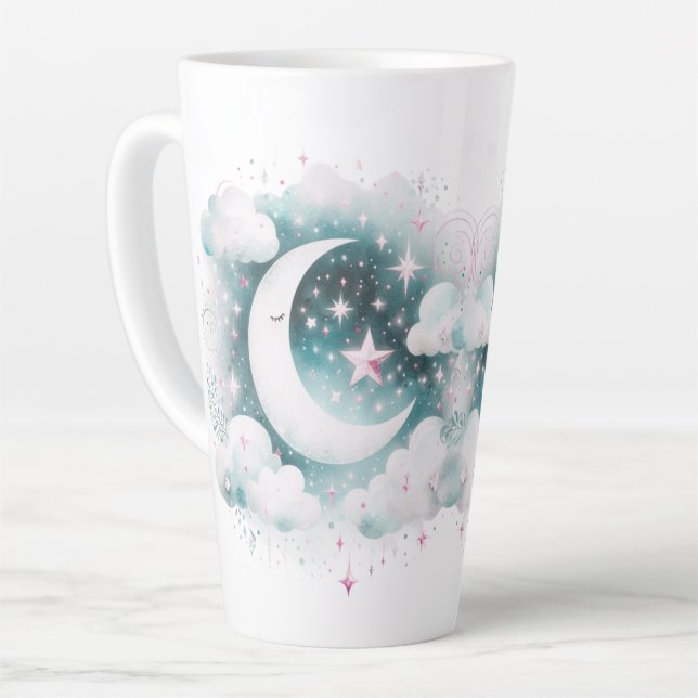 Blau und Weiß Halbmond Celestial Boho Moderne Milchtasse (Linke Ecke)