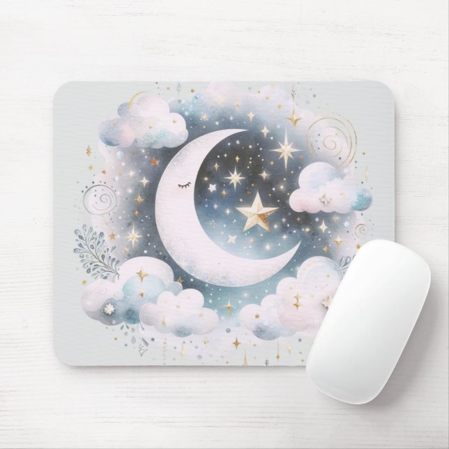 Blau und Weiß Halbmond Celestial Boho Moderne Mousepad (Mit Mouse)