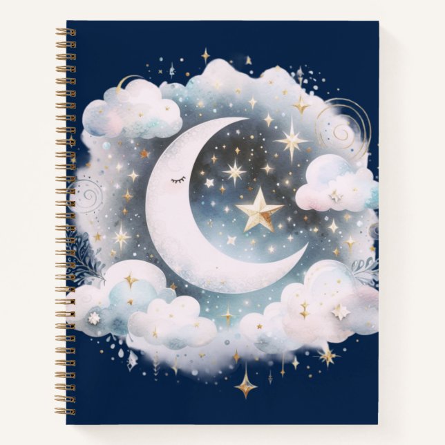 Blau und Weiß Halbmond Celestial Boho Moderne Notizbuch (Vorderseite)