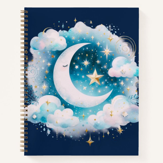 Blau und Weiß Halbmond Celestial Boho Moderne Notizbuch (Vorderseite)
