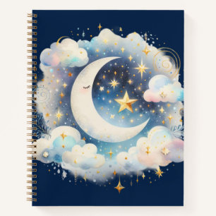 Blau und Weiß Halbmond Celestial Boho Moderne Notizbuch