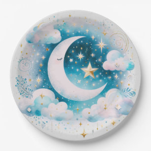 Blau und Weiß Halbmond Celestial Boho Moderne Pappteller