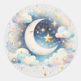 Blau und Weiß Halbmond Celestial Boho Moderne Runder Aufkleber