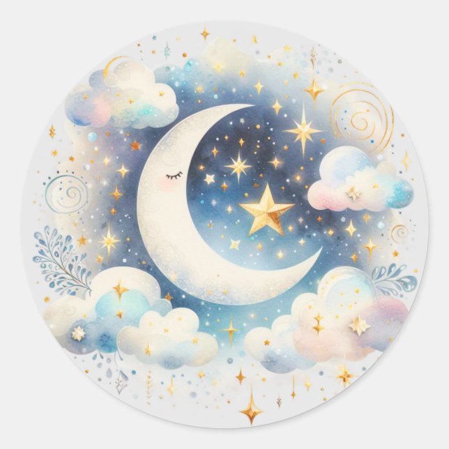 Blau und Weiß Halbmond Celestial Boho Moderne Runder Aufkleber (Vorderseite)